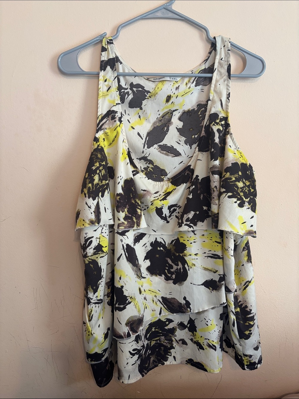 Old Navy Women’s White Floral Ruffle Tank Top with Yellow and Black Print